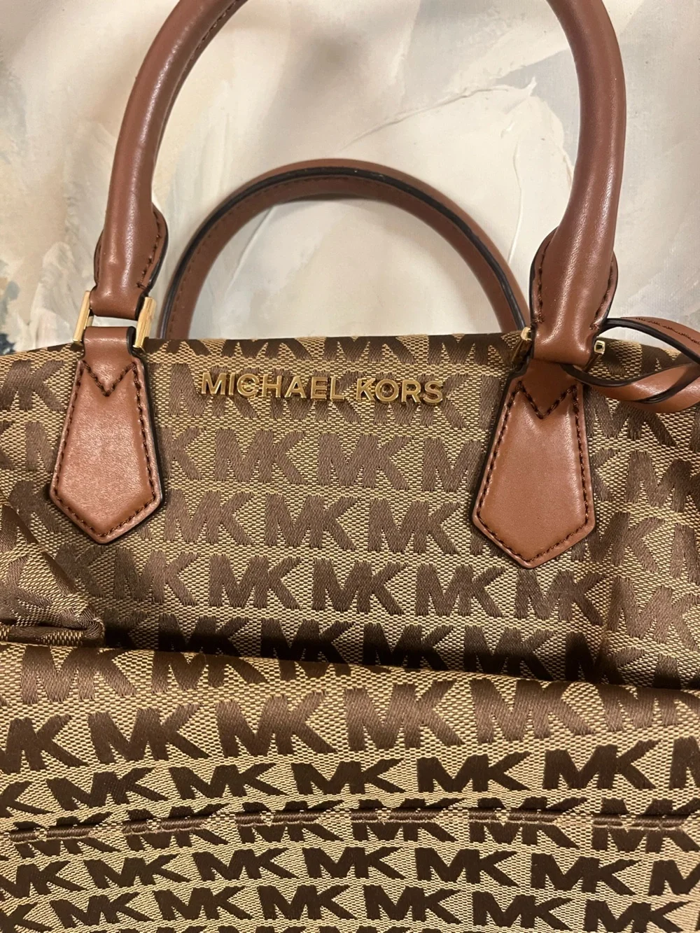 Michael Kors Brown MK Logo Satchel with Striped Yellow-Brown Shoulder Strap